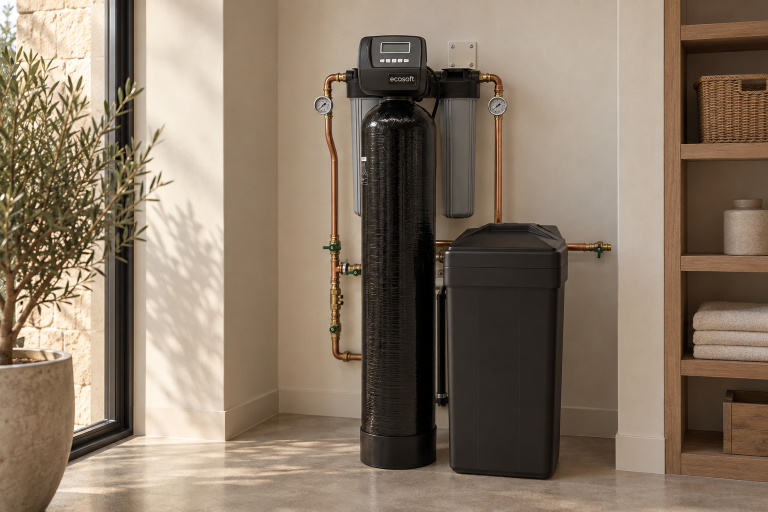 Ecosoft-waterontharder geïntegreerd in een warm, modern interieur