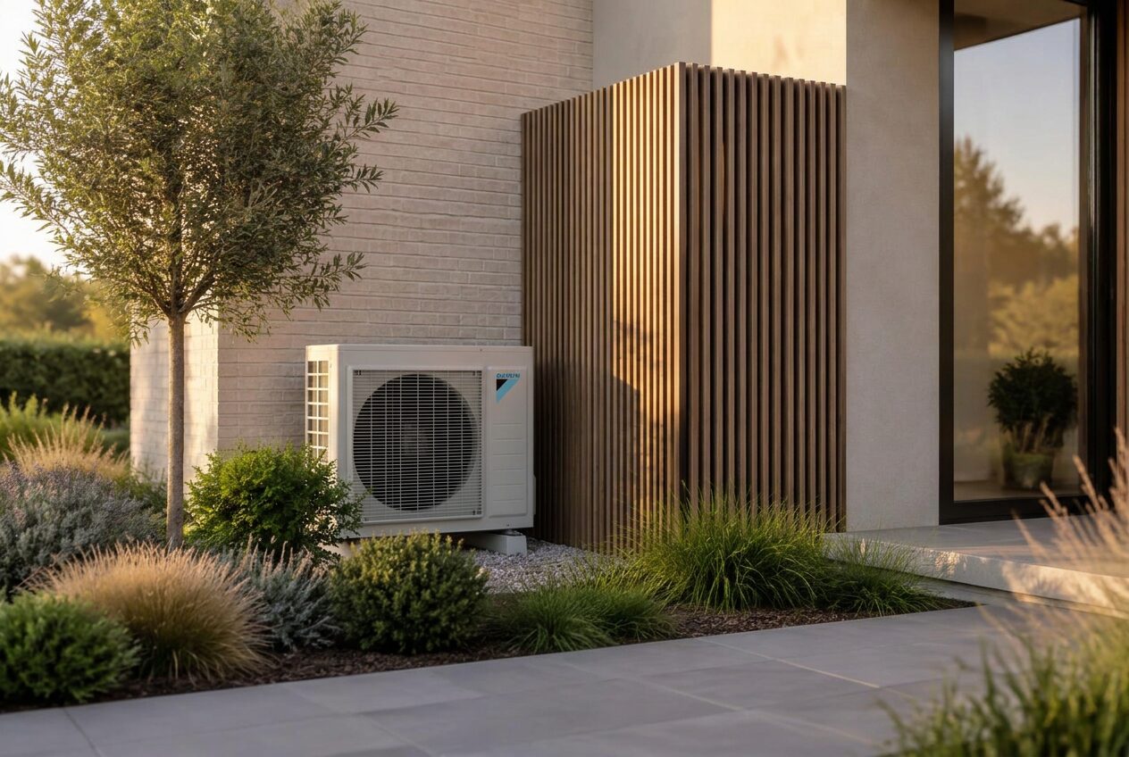 Buitenunit verzorgd geplaatst achter een houten latwerk bij een hedendaagse woning