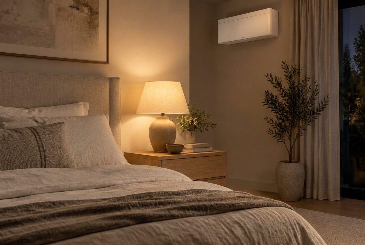Slaapkamer bij avondlicht met een discreet geplaatste binnenunit