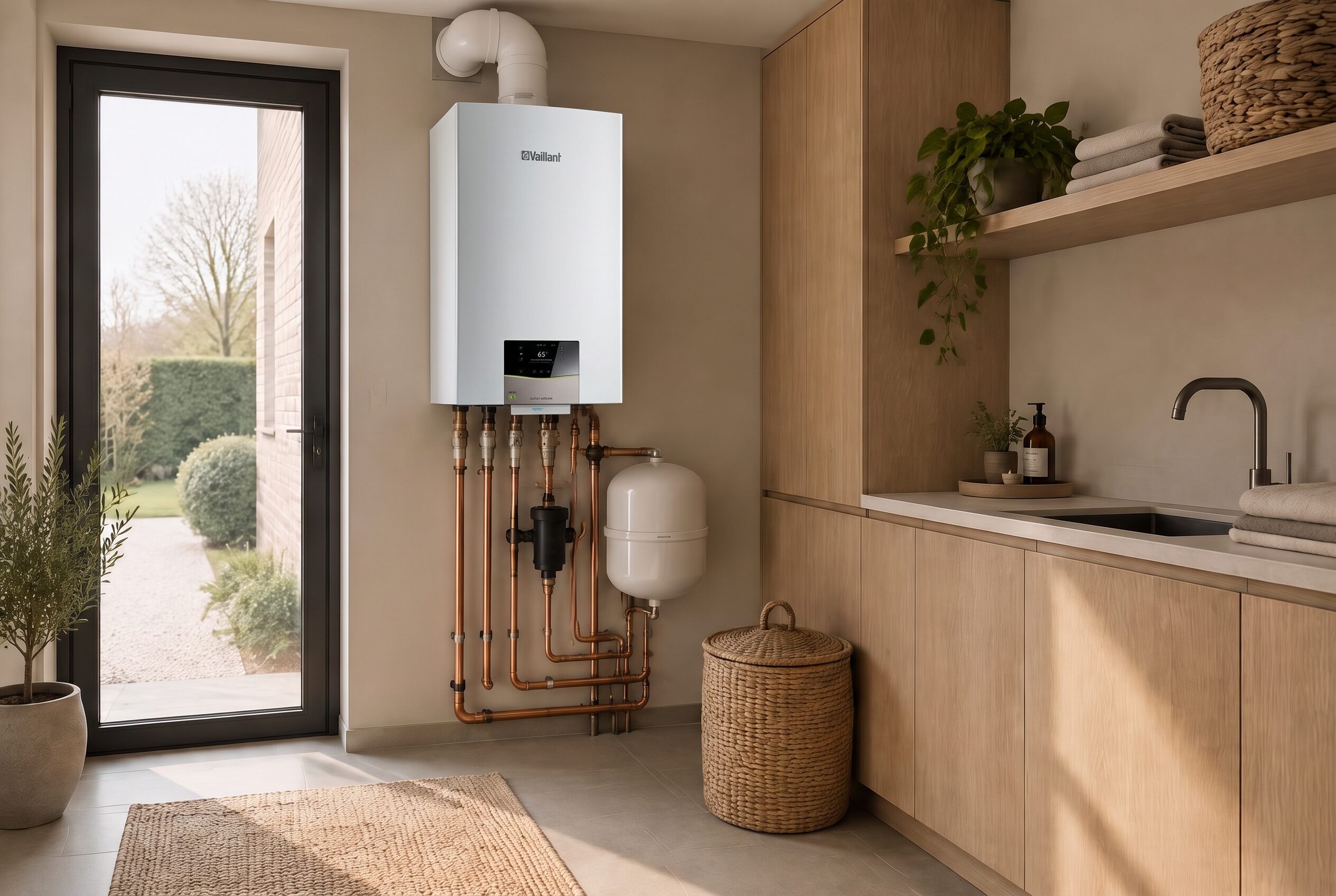 Hedendaagse technische ruimte met zorgvuldig geplaatste gascondensatieketel