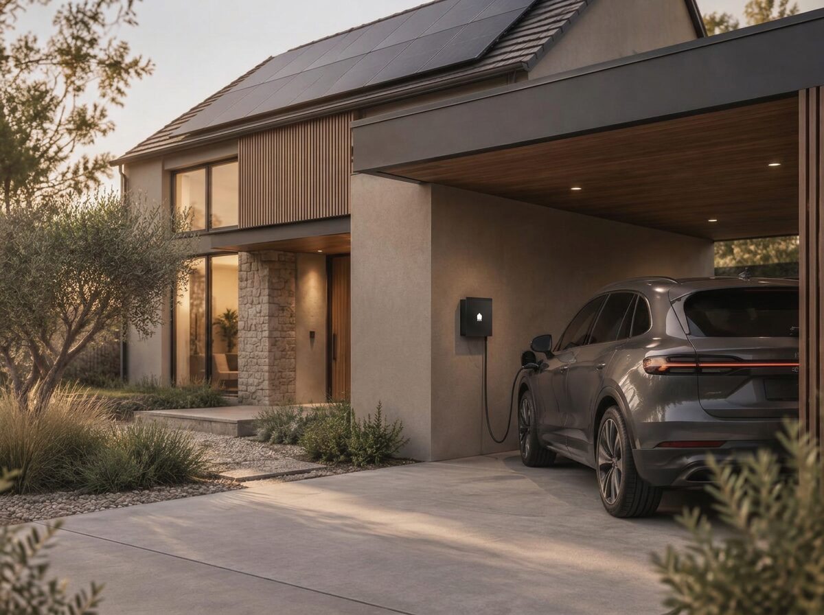 Woning met zonnepanelen en een elektrische wagen die laadt onder een carport